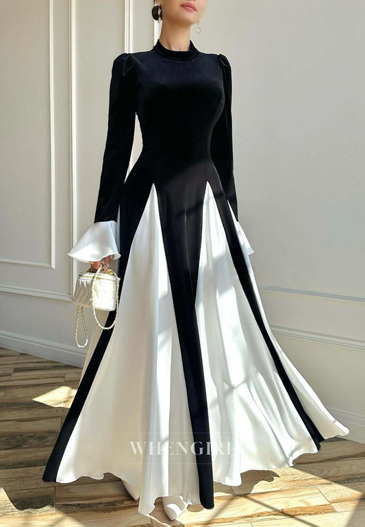 High Neck Long Sleeves A-Line Formal Dress Black and White Velvet Evening Gown