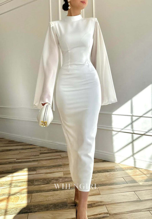 Ivory High Neck Long Sleeves Evening Dress Tea Length Sheath Formal Gown