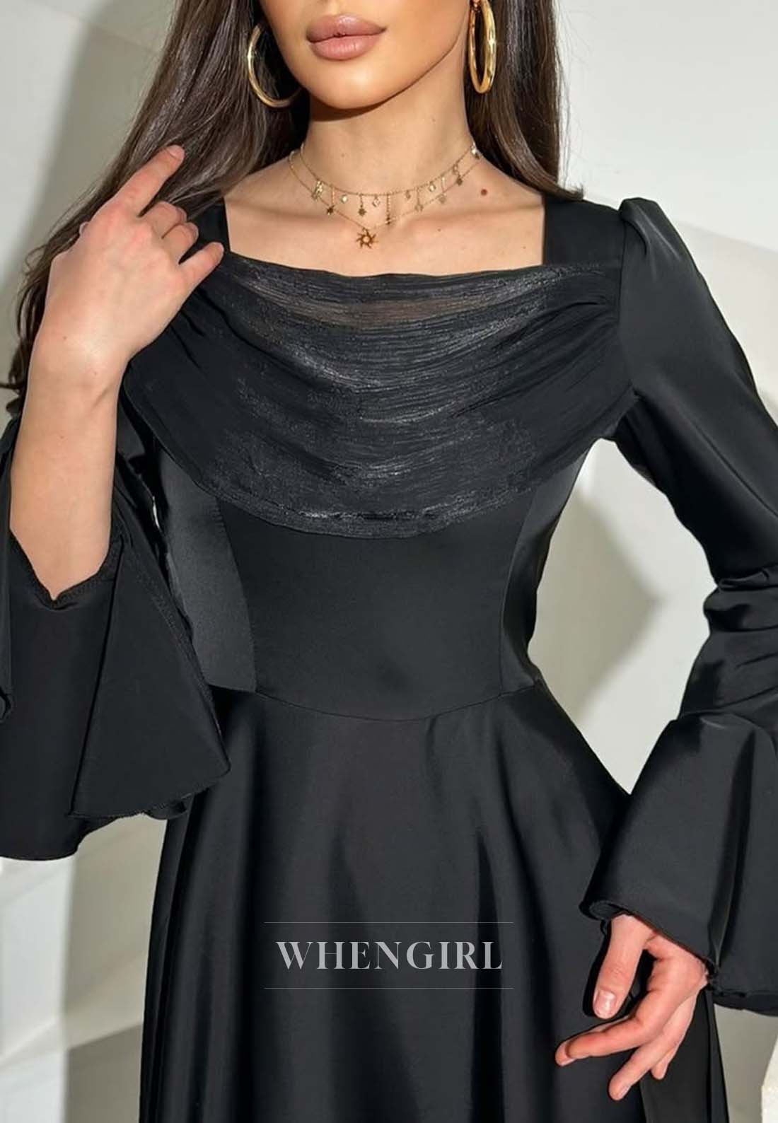Square Neck Long Bell Sleeves Formal Dress A-Line Ankle Length Evening Gown