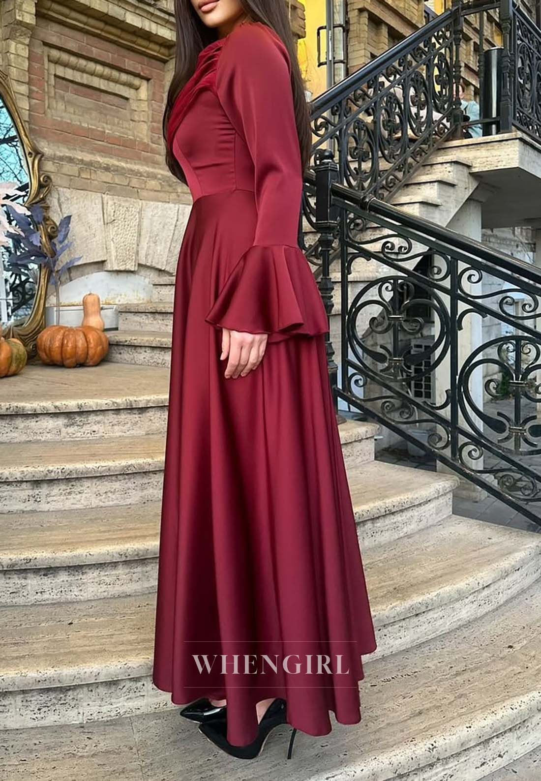 Square Neck Long Bell Sleeves Formal Dress A-Line Ankle Length Evening Gown