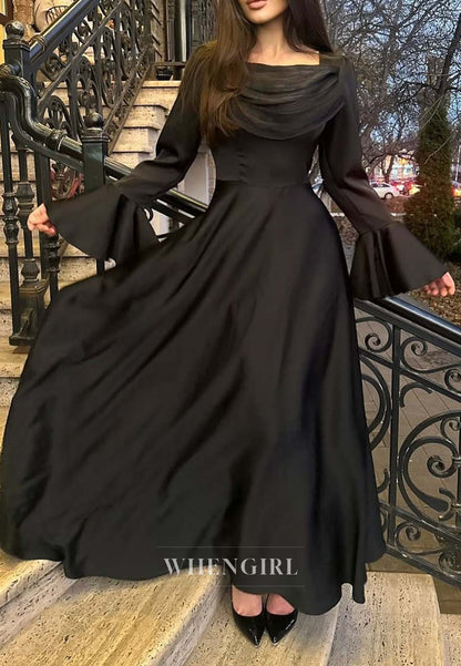 Square Neck Long Bell Sleeves Formal Dress A-Line Ankle Length Evening Gown