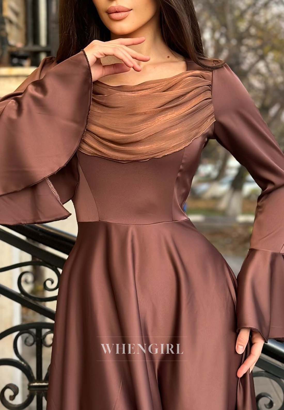 Square Neck Long Bell Sleeves Formal Dress A-Line Ankle Length Evening Gown