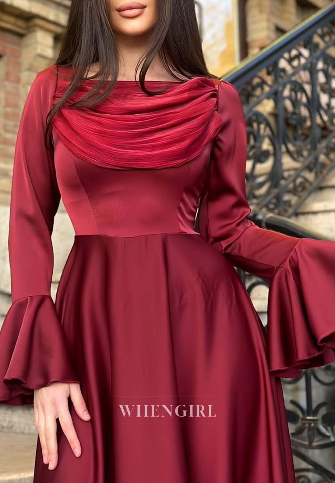 Square Neck Long Bell Sleeves Formal Dress A-Line Ankle Length Evening Gown