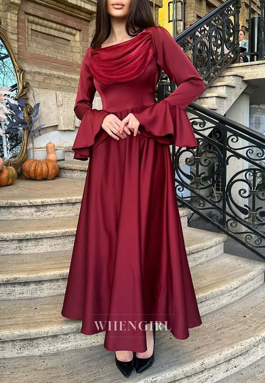 Square Neck Long Bell Sleeves Formal Dress A-Line Ankle Length Evening Gown