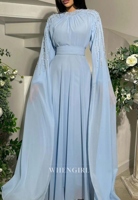 A-Line Bateau Neck Beaded Long Sleeves Formal Dress Pleated Chiffon Floor Length Evening Gown
