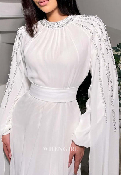 A-Line Bateau Neck Beaded Long Sleeves Formal Dress Pleated Chiffon Floor Length Evening Gown