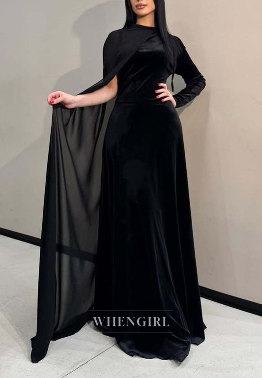 Graceful Bateau Neck Sheath Formal Dress Single Long Sleeves Lace Up Velvet Evening Dress