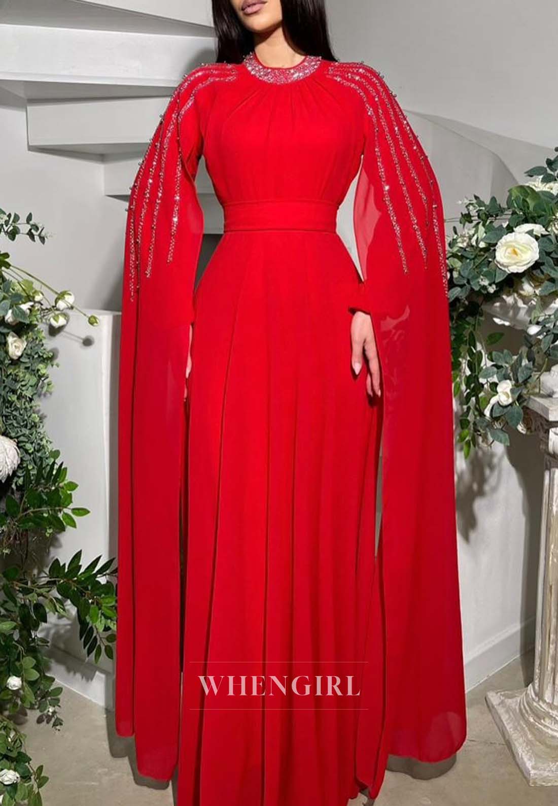 A-Line Bateau Neck Beaded Long Sleeves Formal Dress Pleated Chiffon Floor Length Evening Gown