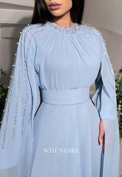 A-Line Bateau Neck Beaded Long Sleeves Formal Dress Pleated Chiffon Floor Length Evening Gown