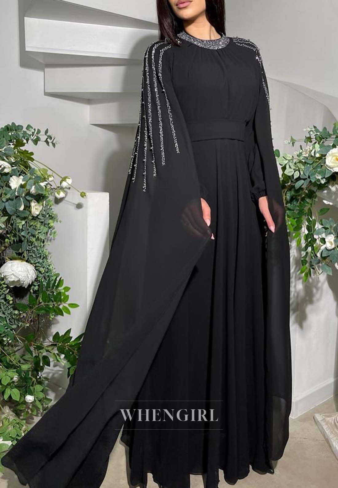 A-Line Bateau Neck Beaded Long Sleeves Formal Dress Pleated Chiffon Floor Length Evening Gown