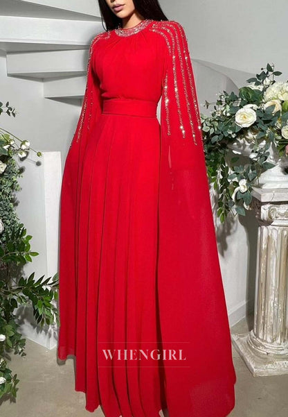 A-Line Bateau Neck Beaded Long Sleeves Formal Dress Pleated Chiffon Floor Length Evening Gown