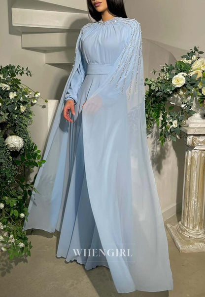 A-Line Bateau Neck Beaded Long Sleeves Formal Dress Pleated Chiffon Floor Length Evening Gown