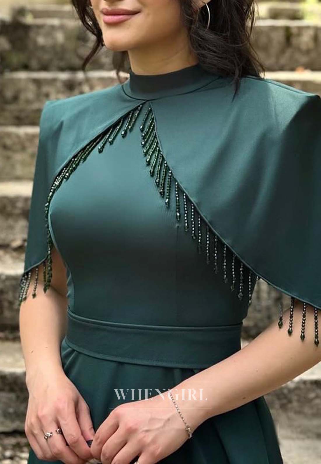 A-Line Short Sleeves High Neck Formal Dress Floor Length Tassel  Evening Gown