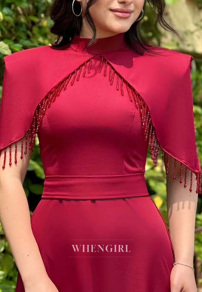 A-Line Short Sleeves High Neck Formal Dress Floor Length Tassel  Evening Gown