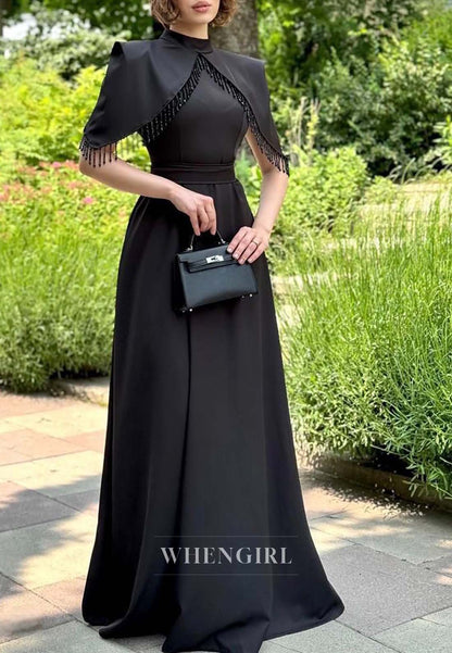 A-Line Short Sleeves High Neck Formal Dress Floor Length Tassel  Evening Gown