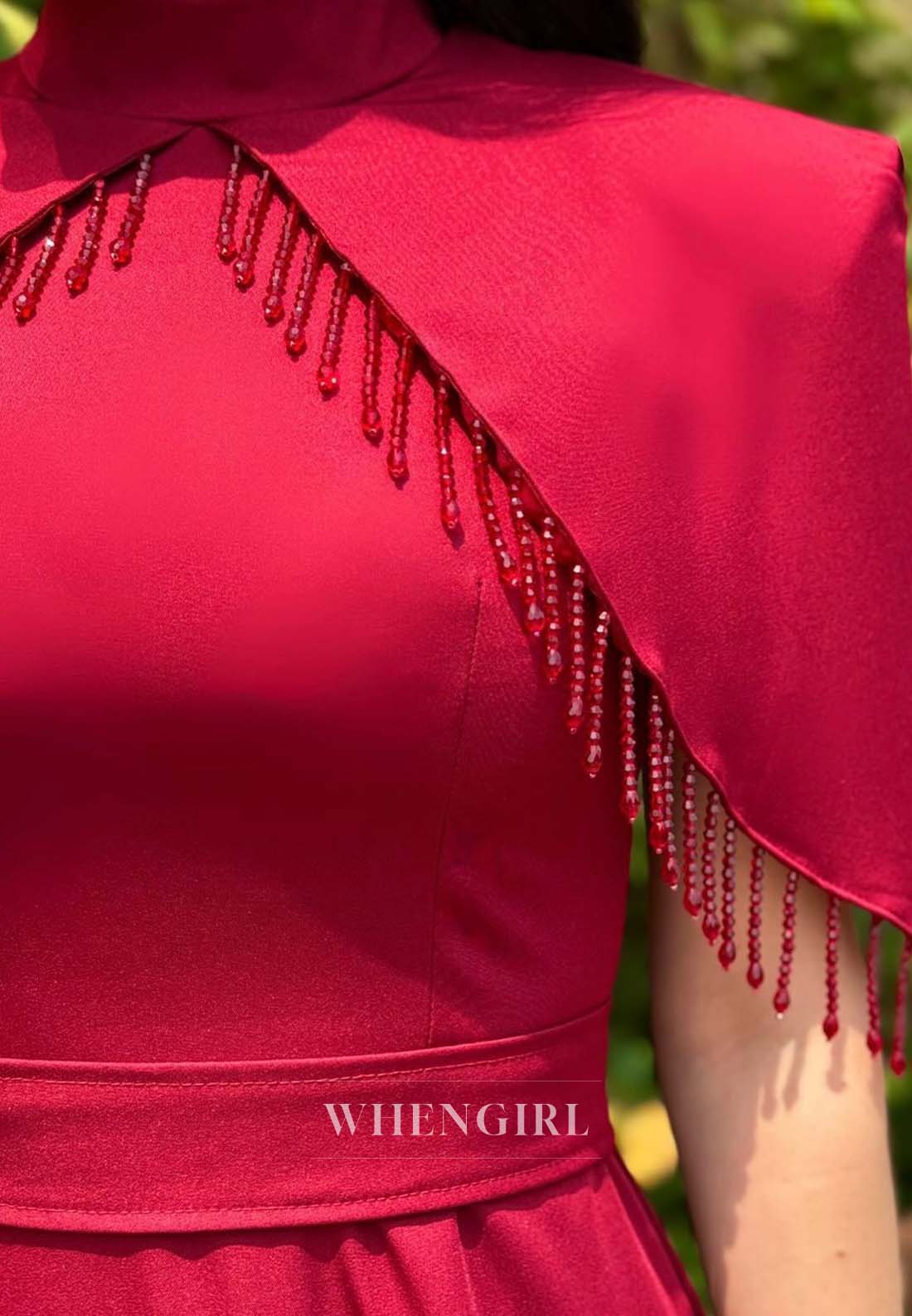A-Line Short Sleeves High Neck Formal Dress Floor Length Tassel  Evening Gown