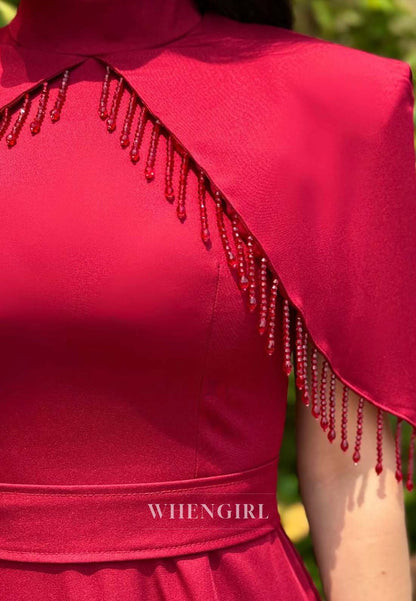 A-Line Short Sleeves High Neck Formal Dress Floor Length Tassel  Evening Gown