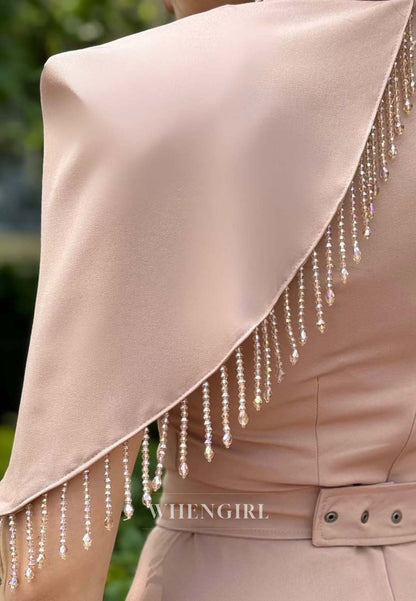 A-Line Short Sleeves High Neck Formal Dress Floor Length Tassel  Evening Gown