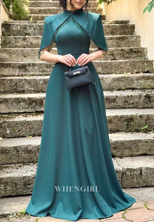 A-Line Short Sleeves High Neck Formal Dress Floor Length Tassel  Evening Gown