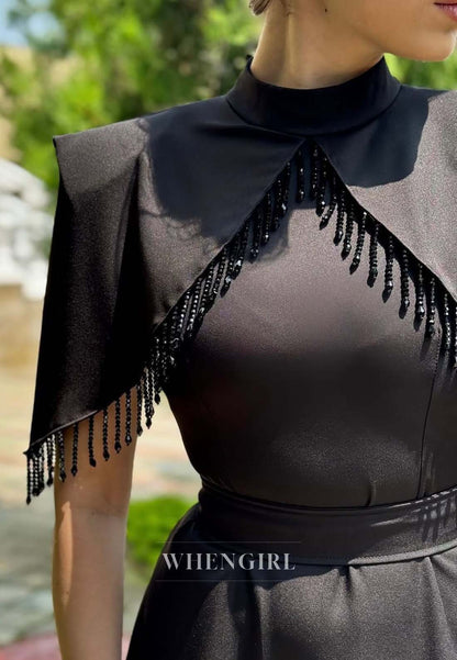 A-Line Short Sleeves High Neck Formal Dress Floor Length Tassel  Evening Gown