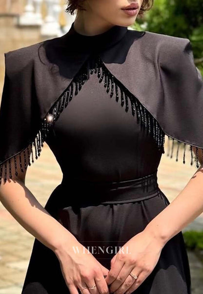 A-Line Short Sleeves High Neck Formal Dress Floor Length Tassel  Evening Gown