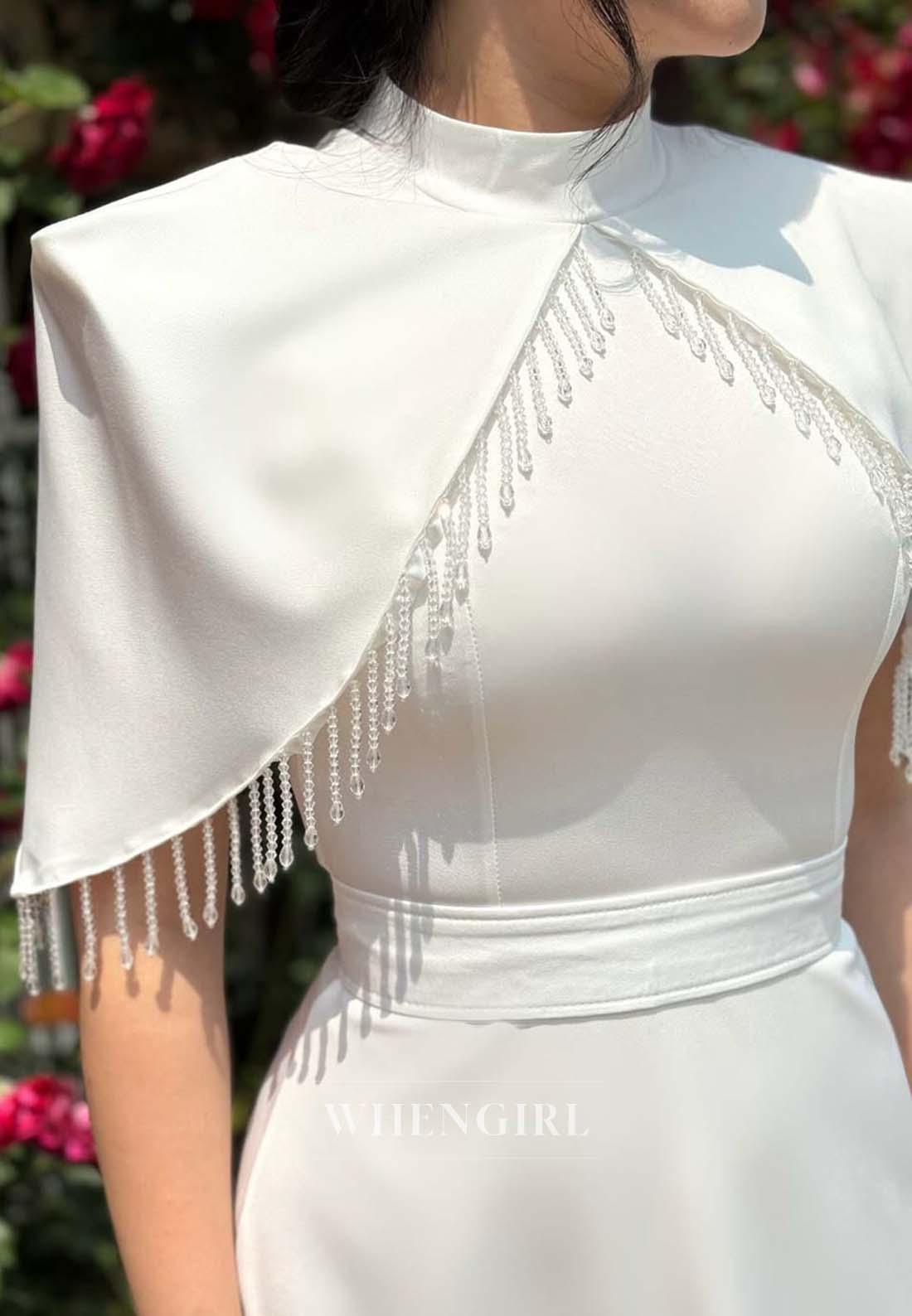A-Line Short Sleeves High Neck Formal Dress Floor Length Tassel  Evening Gown