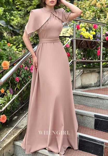 A-Line Short Sleeves High Neck Formal Dress Floor Length Tassel  Evening Gown