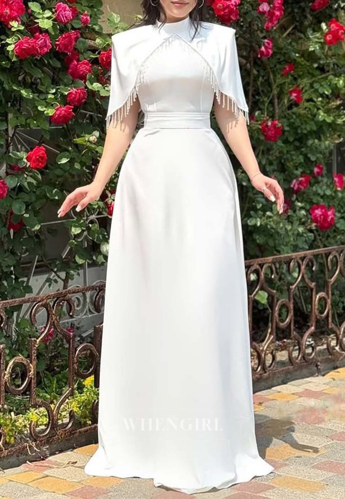 A-Line Short Sleeves High Neck Formal Dress Floor Length Tassel  Evening Gown