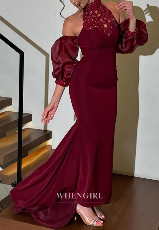 Chic High Neck Half Sleeves Appliques Mermaid Long Formal Evening Dress