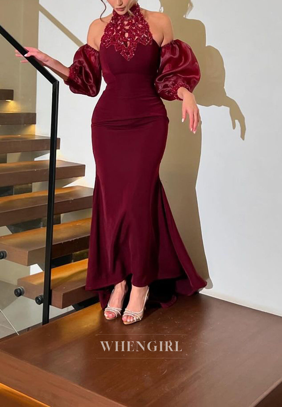 Chic High Neck Half Sleeves Appliques Mermaid Long Formal Evening Dress