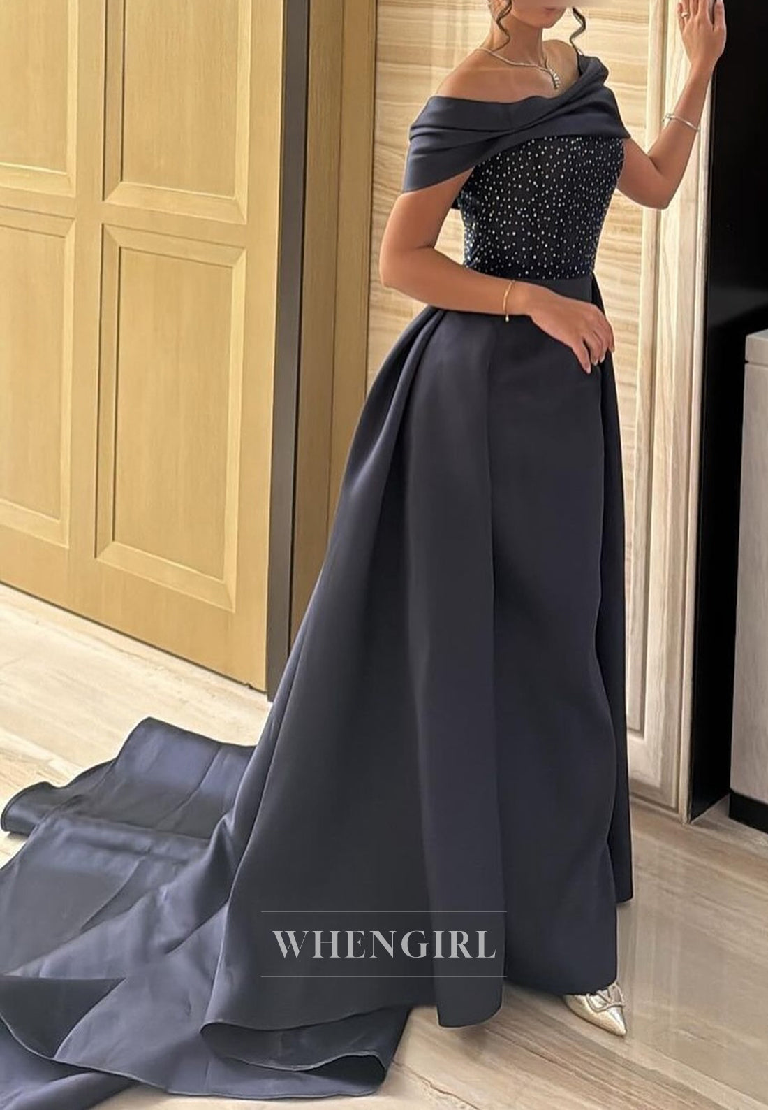 Navy A-Line Straoless Sleeveless Beaded Satin Formal Evening Dress With Court Train