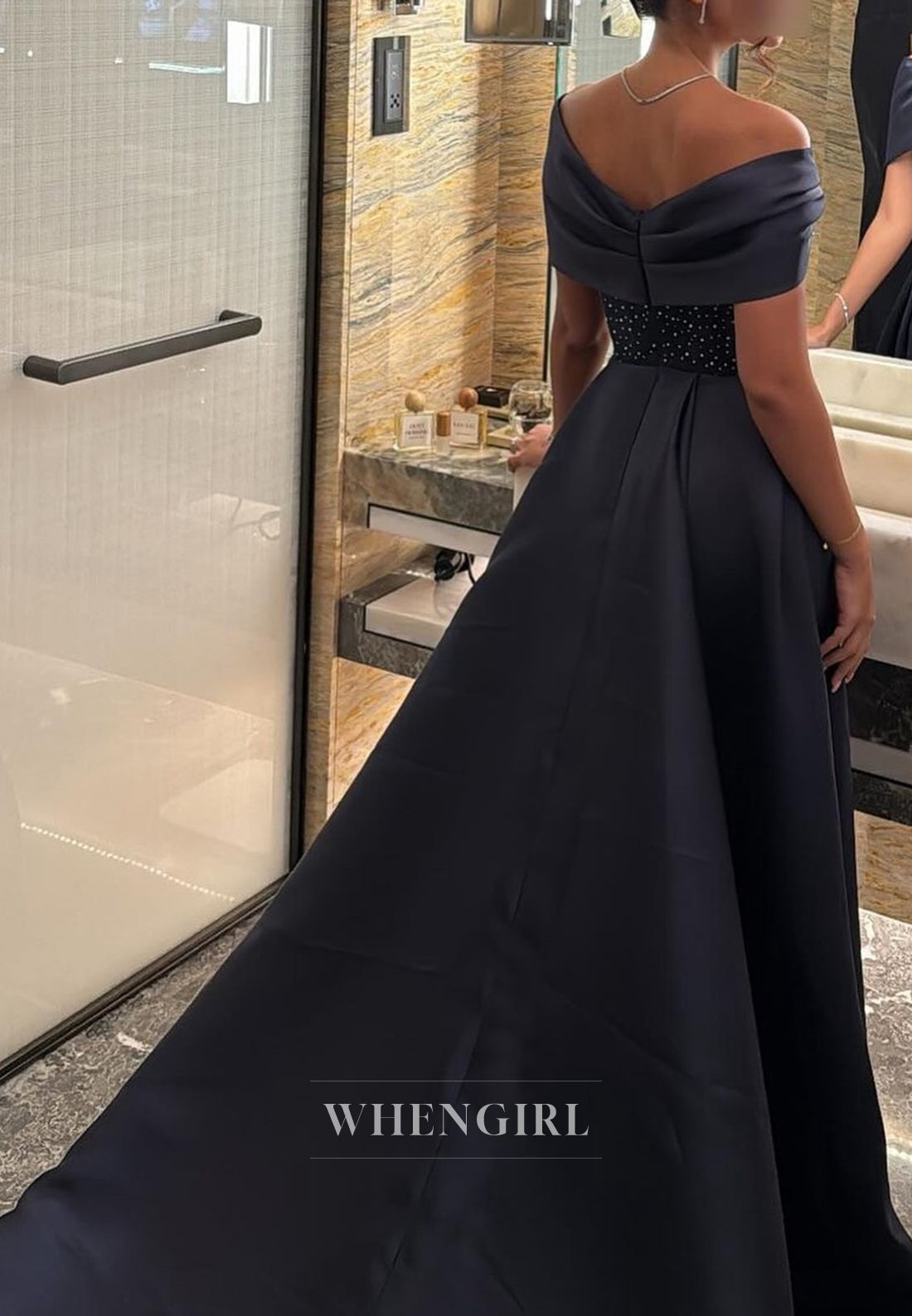 Navy A-Line Straoless Sleeveless Beaded Satin Formal Evening Dress With Court Train