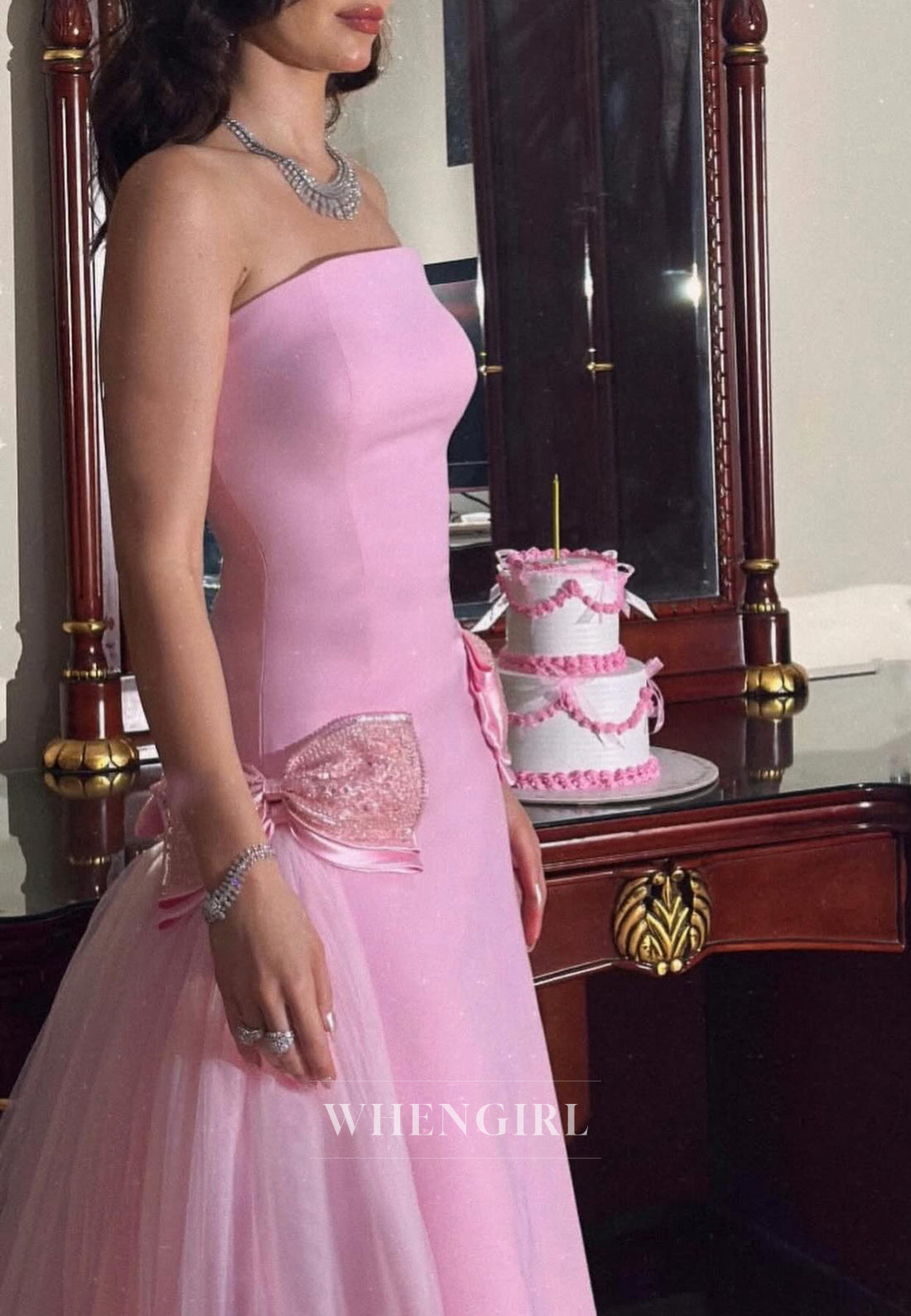Candy Pink Sheath Strapless Off Shoulder Sweet Court Train Evening Formal Dress with Bowknot
