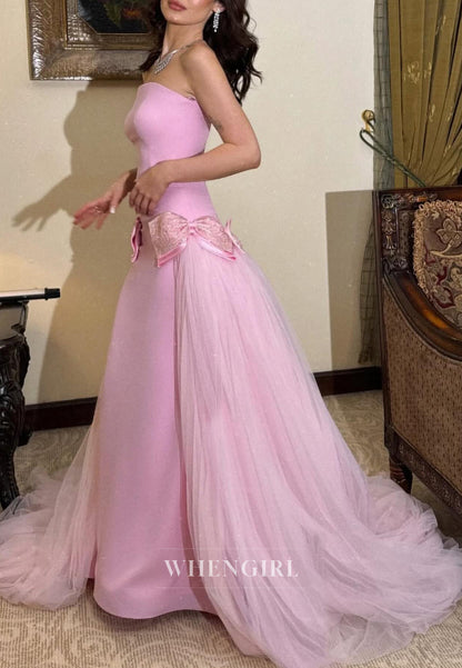 Candy Pink Sheath Strapless Off Shoulder Sweet Court Train Evening Formal Dress with Bowknot
