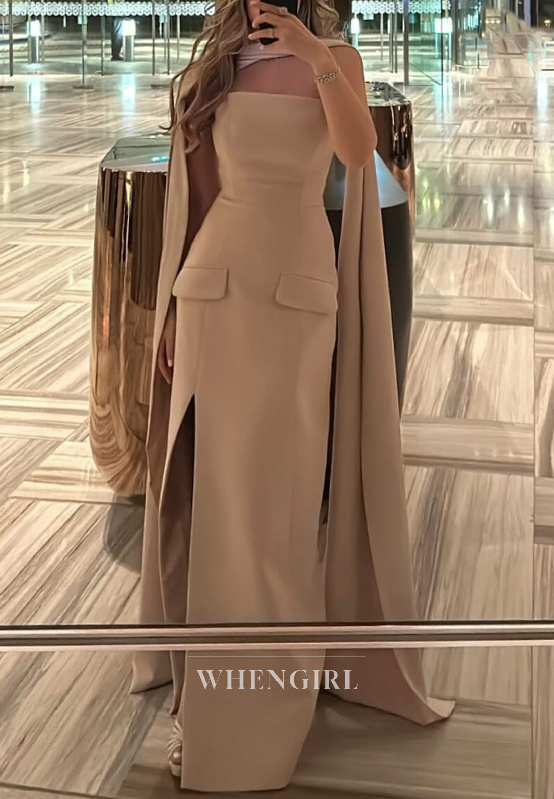 Taupe Sheath Off Shoulder Formal Gown Strapless Side Slit Evening Dress with Pockets