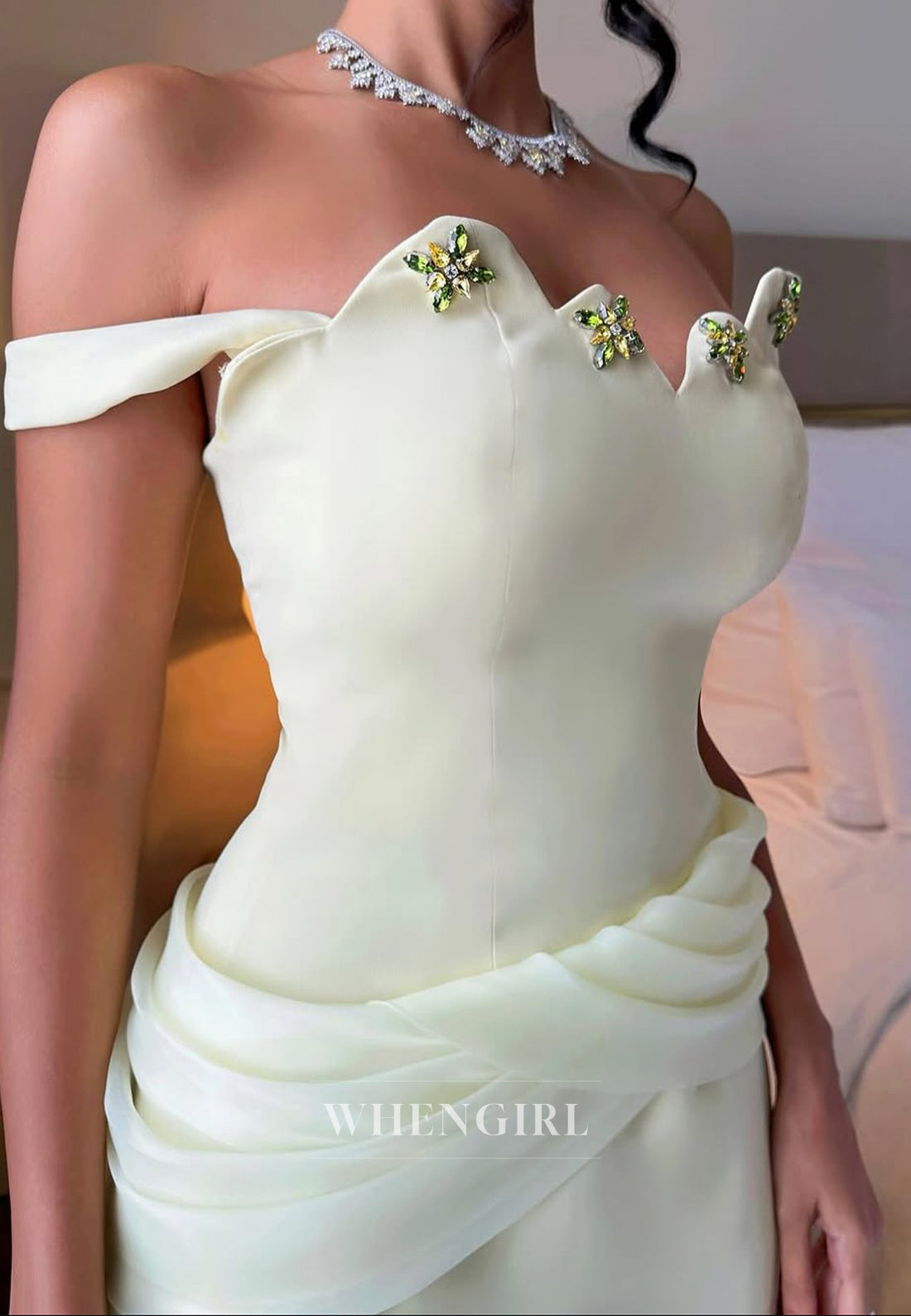 Sleeveless Off Shoulder Beaded Pleated Formal Evening Dress with Train