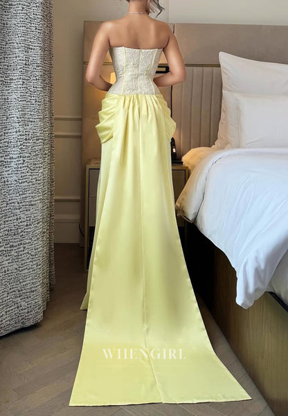 Column Sweetheart Sleeveless Lace Top Pleated Evening Formal Dress with Train