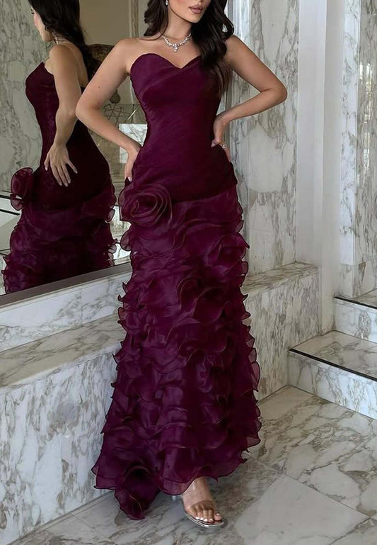 Sweetheart Raspberry Formal Dress Sleeveless Multi Tiered Sheath Long Evening Gown