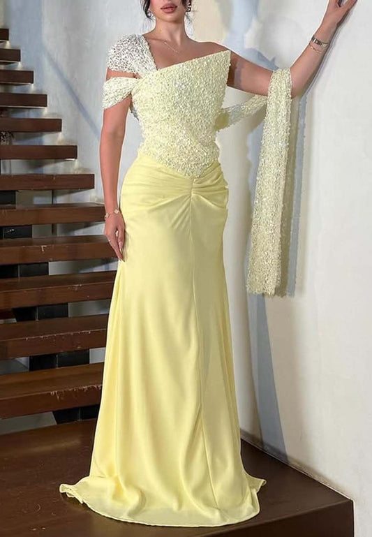 Daffodil One Shoulder Pleated Sheath Formal Dress Sleeveless Floor Length Evening Gown