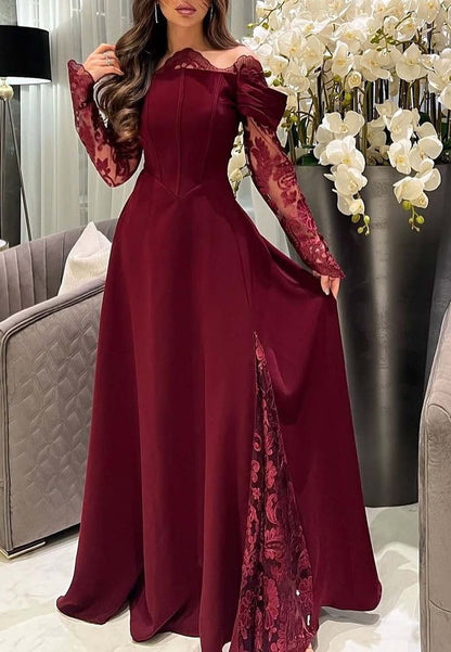 Burgundy Asymmetrical Neck Lace Long Sleeves Formal Dress A-Line Floor Length Evening Gown