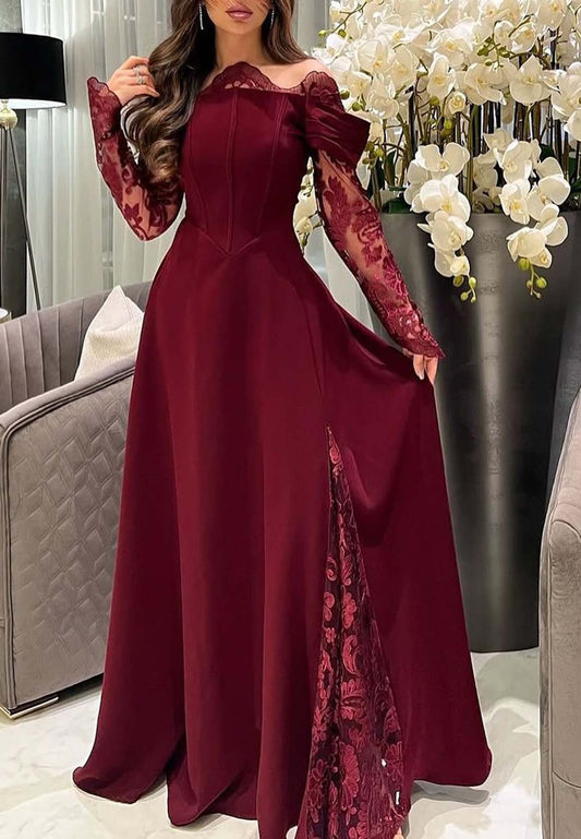 Burgundy Asymmetrical Neck Lace Long Sleeves Formal Dress A-Line Floor Length Evening Gown