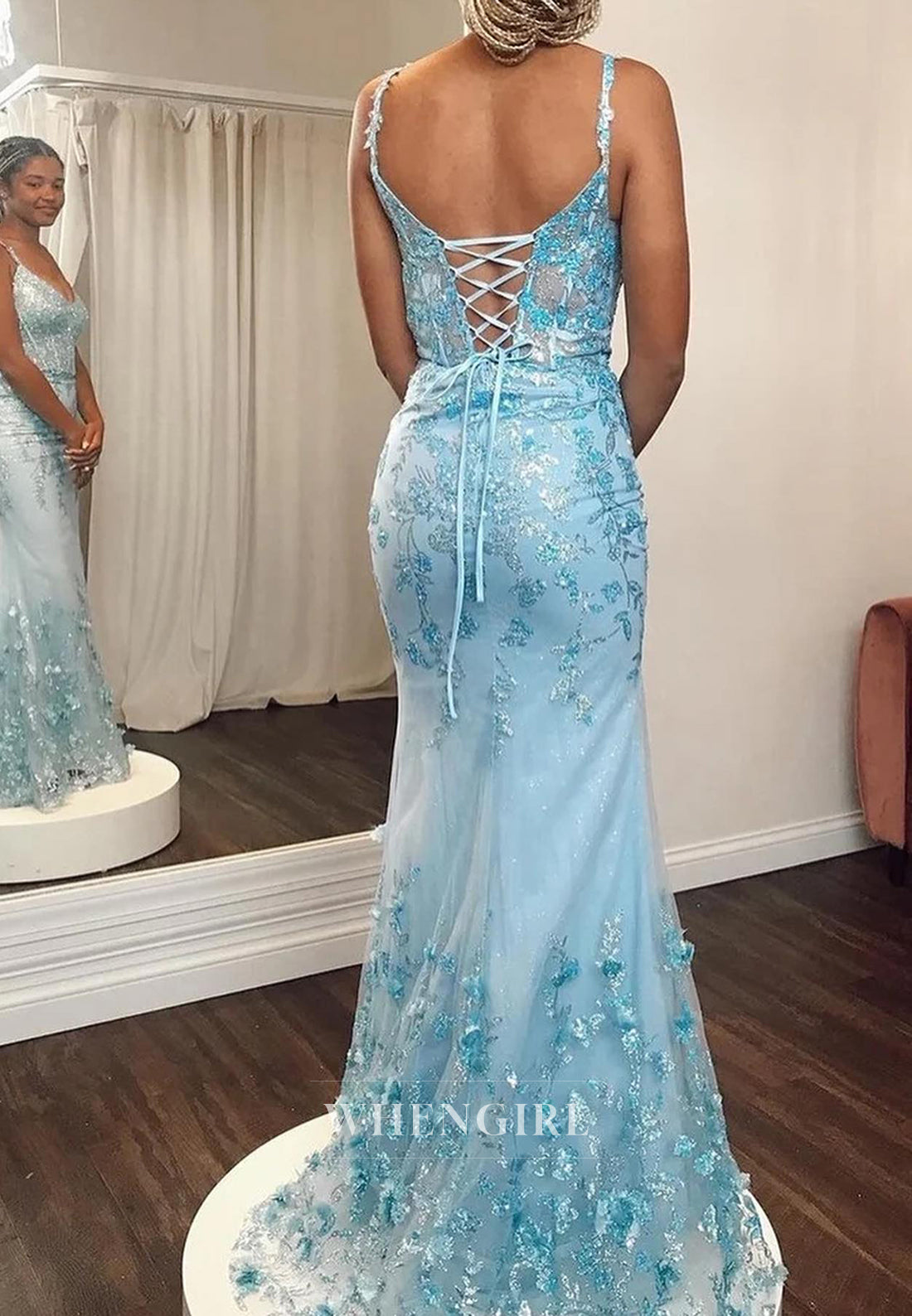 Sheath V Neck Sleeveless Appliqued Lace Up Prom Dress