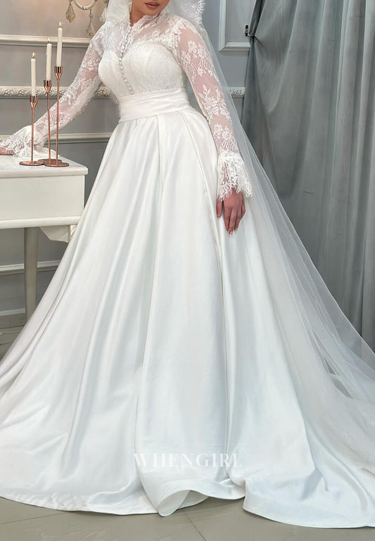 A Line High Neck Lace Long Sleeves Wedding Dresses with Court Train