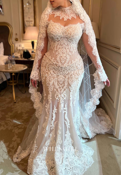 Mermaid High Neck Long Sleeves Beaded Lace Back Zippper Wedding Dress with Court Train