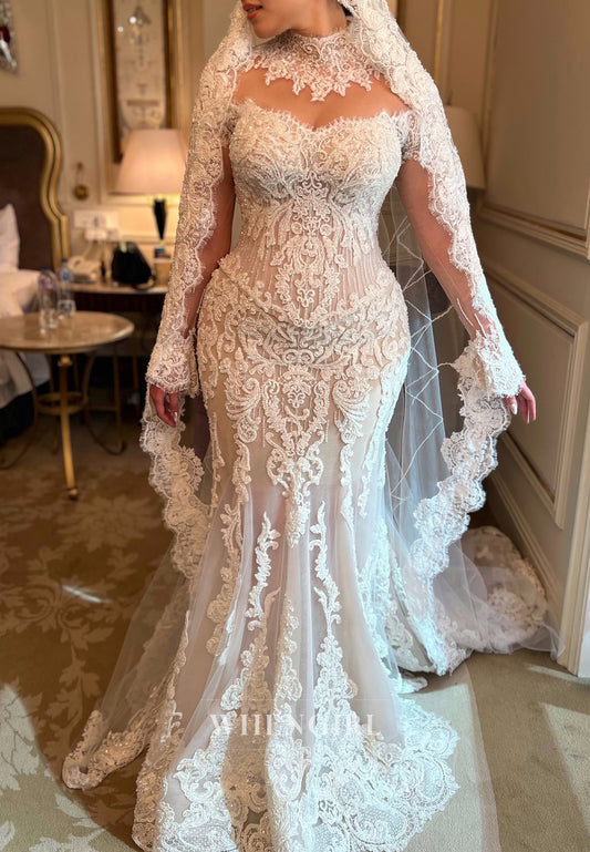 Mermaid High Neck Long Sleeves Beaded Lace Back Zippper Wedding Dress with Court Train