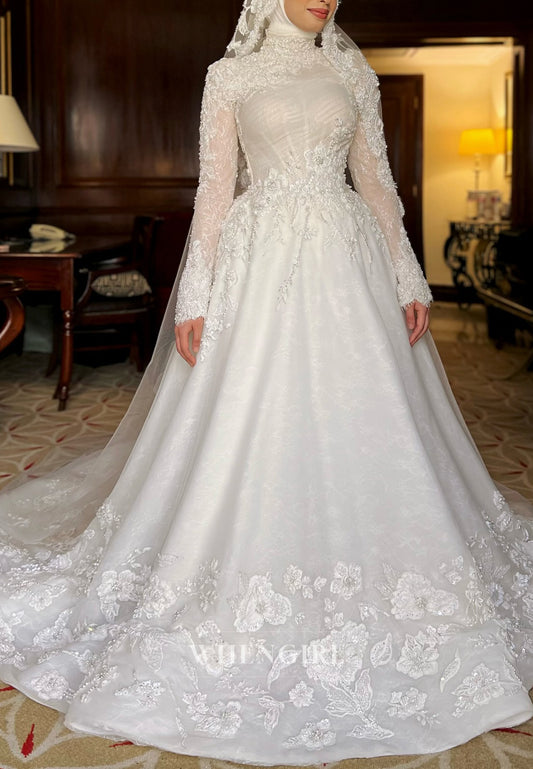 High Neck Long Sleeves Appliqued Lace Ball Gown Sweep Train Wedding Dress