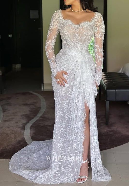 Long Sleeves Sweetheart Side Slit Embriodery Lace Ruched Sheath Wedding Dress with Sweep Train
