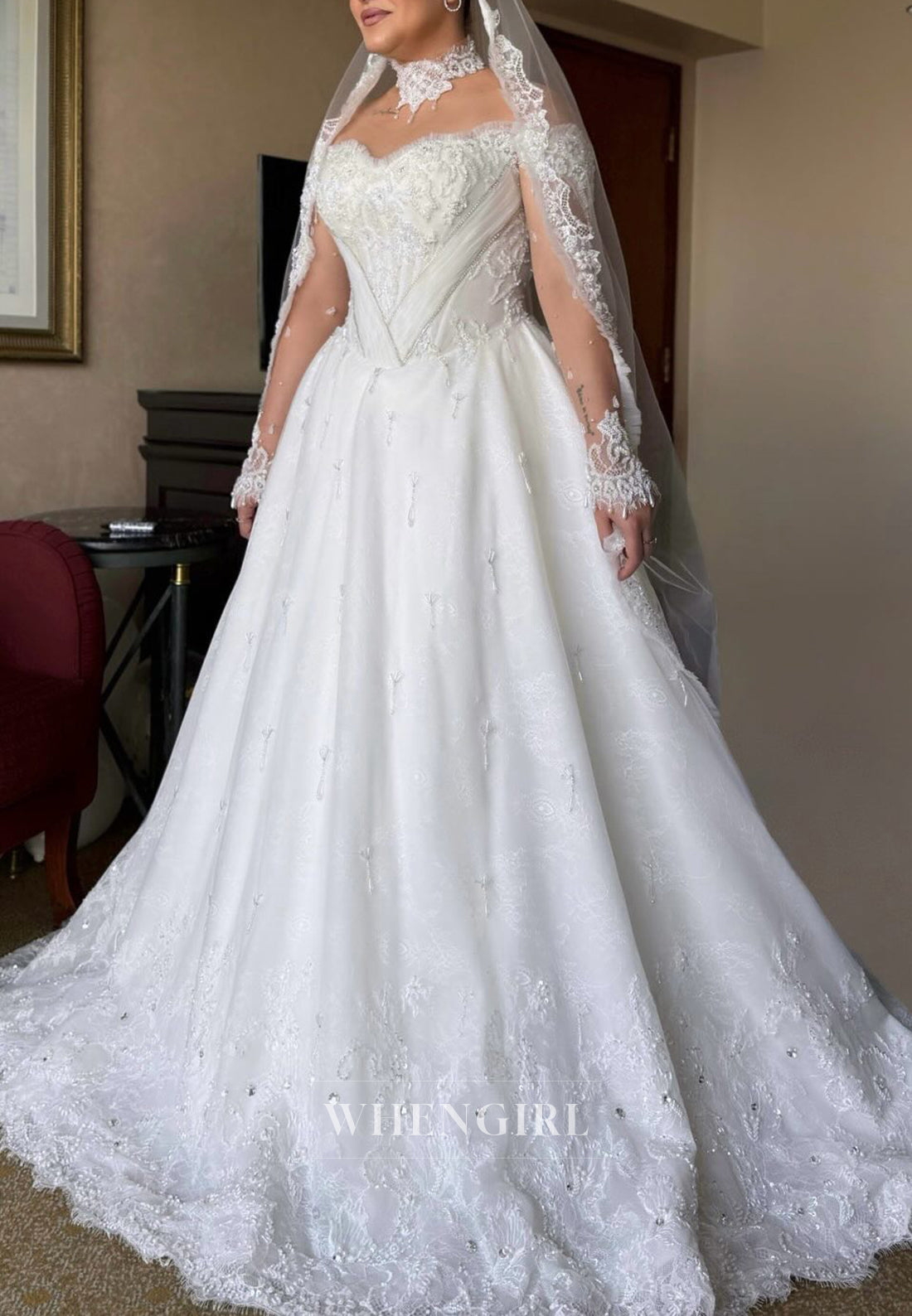 Sweetheart Long Sleeves Beaded Lace A-Line Long Wedding Dress