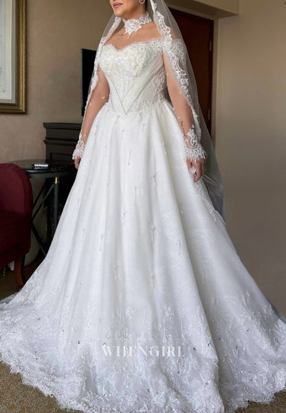 Sweetheart Long Sleeves Beaded Lace A-Line Long Wedding Dress