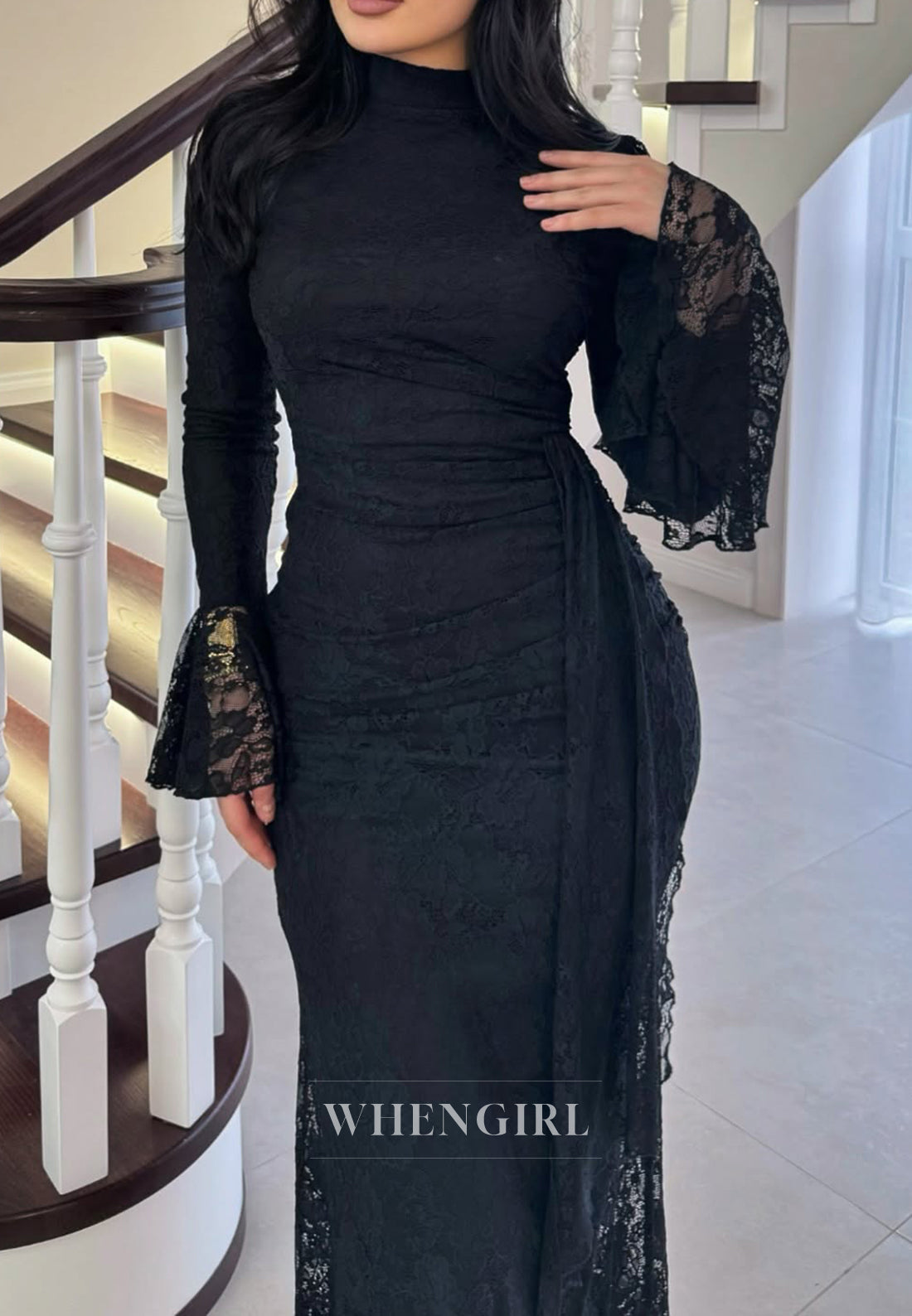 Black Ankle Length Long Sleeves Lace Sheath Evening Formal Dress